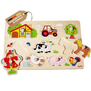 Holzpuzzle von Goki, Steckpuzzle Bauernhof mit 9 Teilen